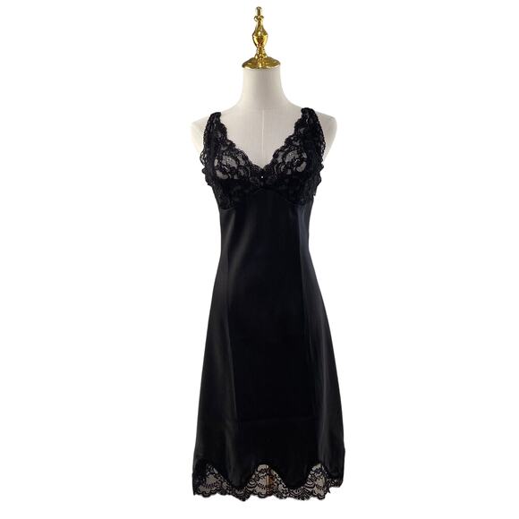 NWT Vintage 90s Wondermaid Black Satin Lace Bust Sexy Full Slip Dress Size 38 - Picture 2 of 12